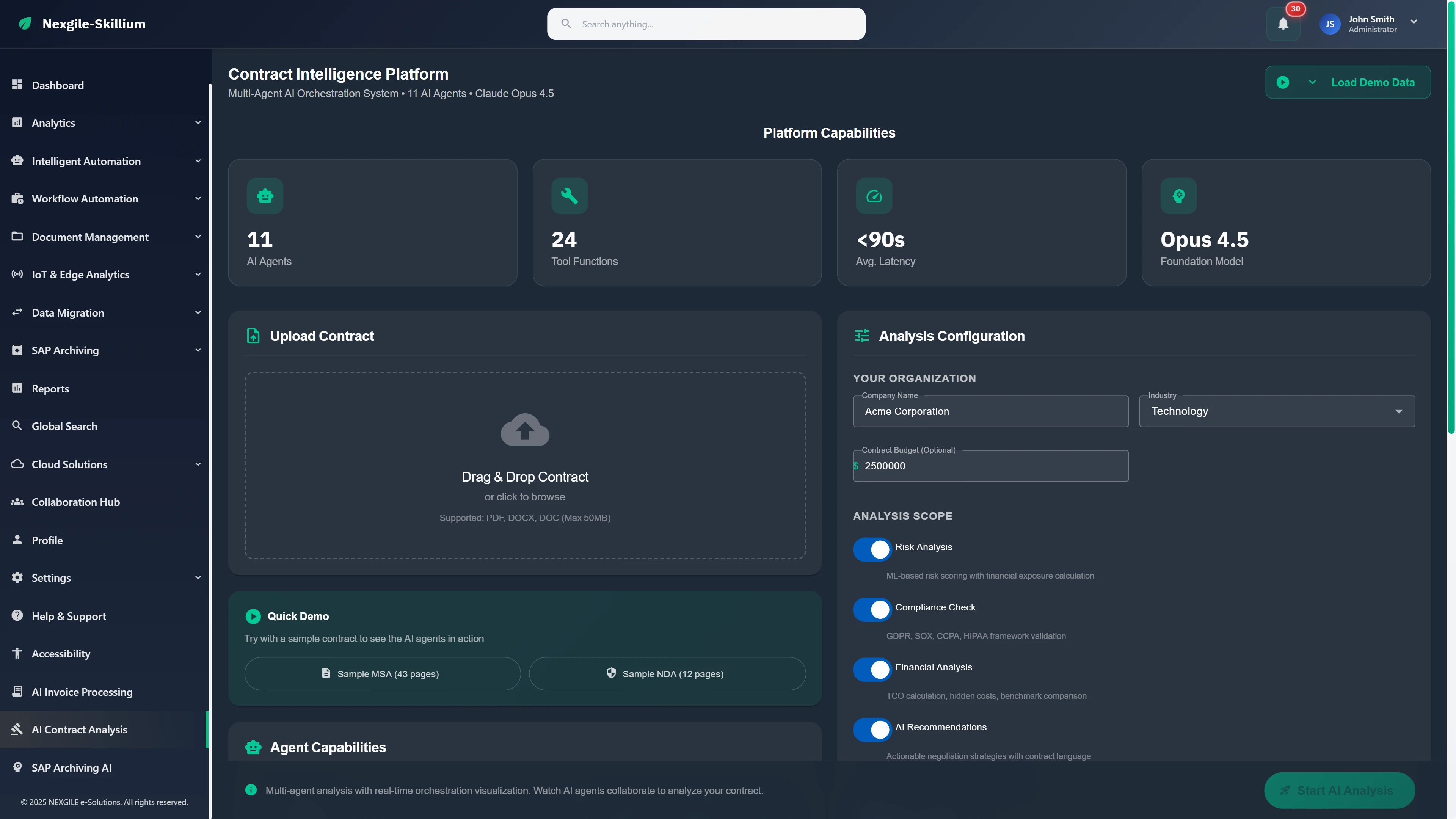 Contract Upload & Configuration - Platform overview with 11 AI agents, analysis scope settings for risk, compliance, and financial analysis